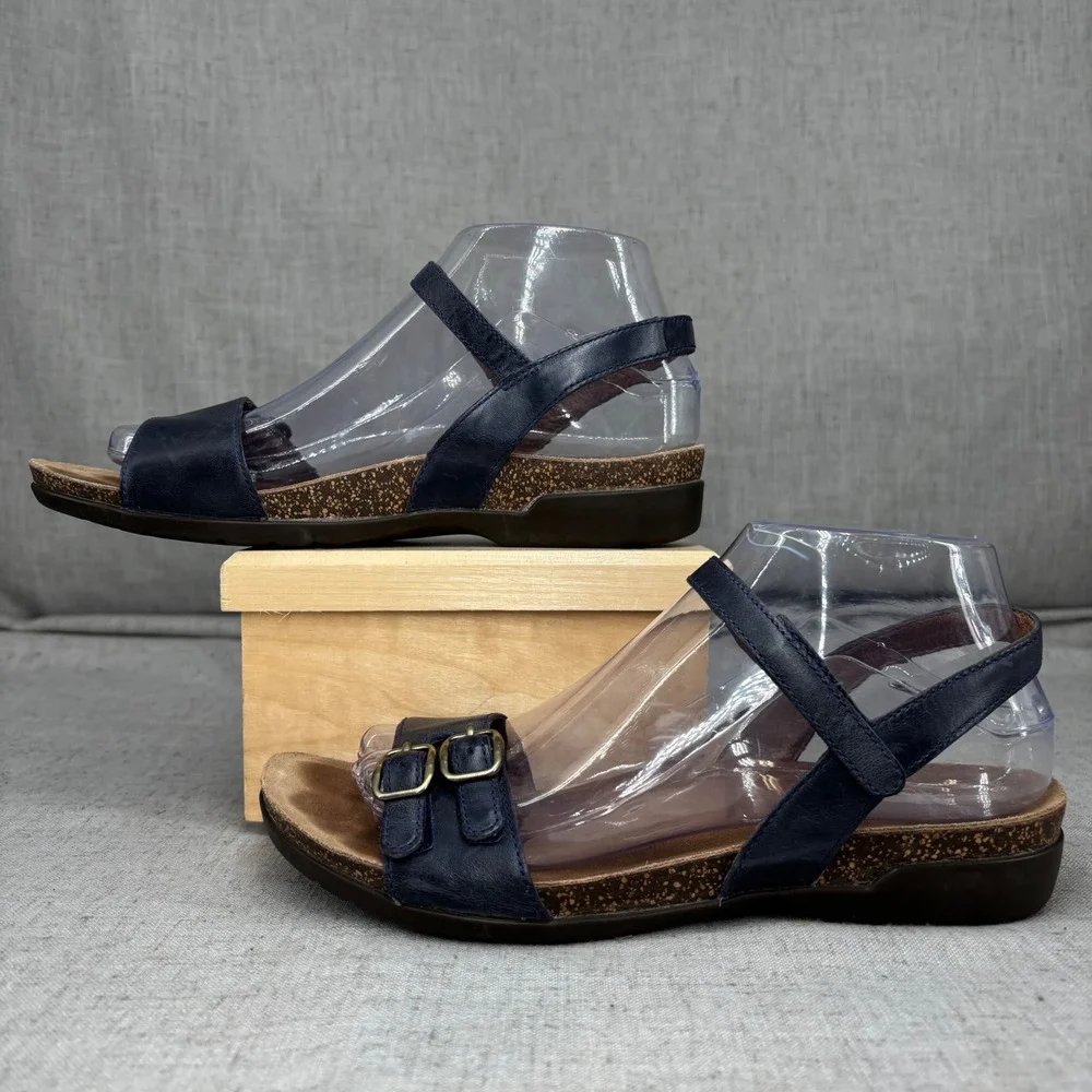 Dansko Rebekah Sandals Navy Blue Leather Double Buckle Ankle Strap Women EU‎ 38